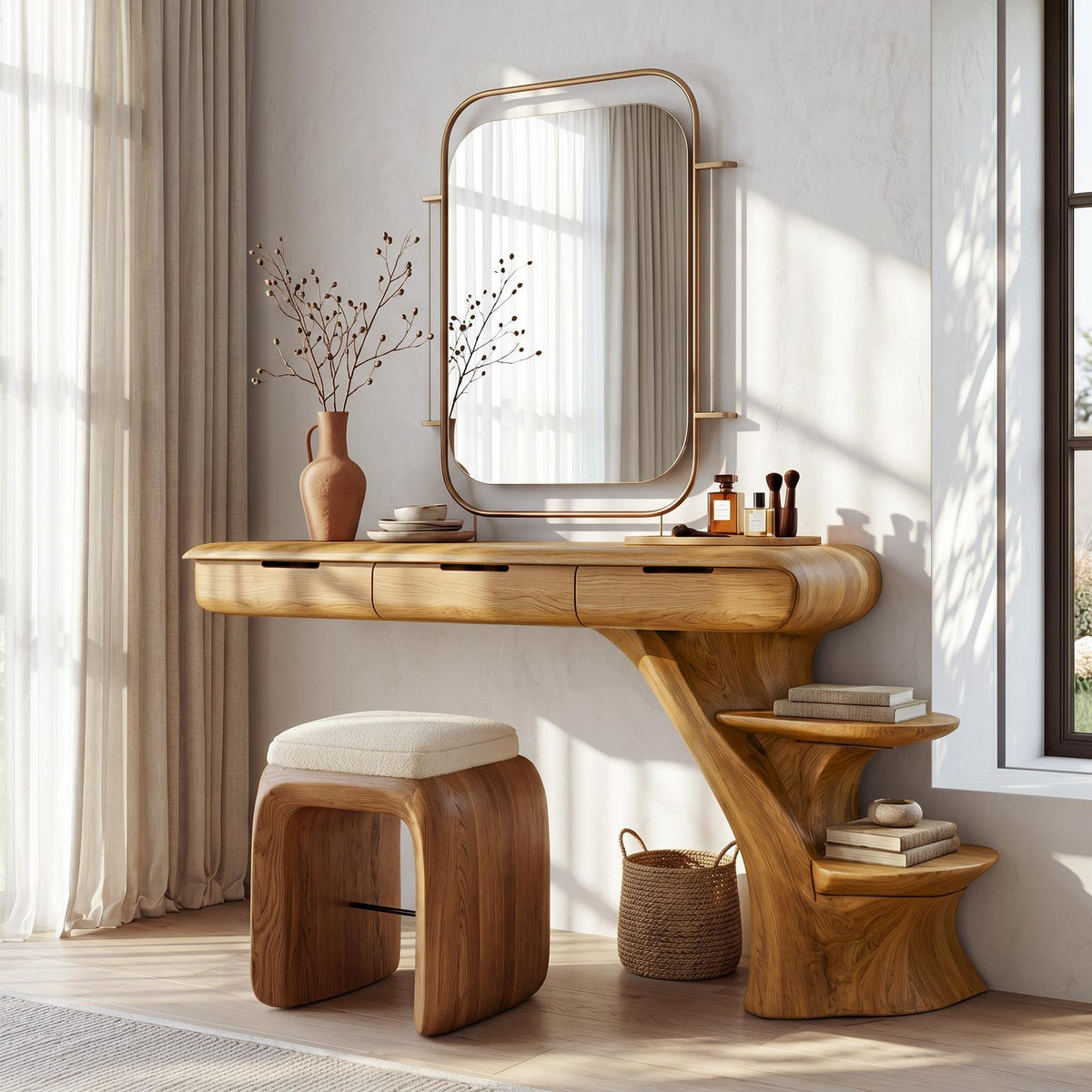 Sculptural Dressing Table With Open Storage Shelves For Bedroom SINLSABDT086