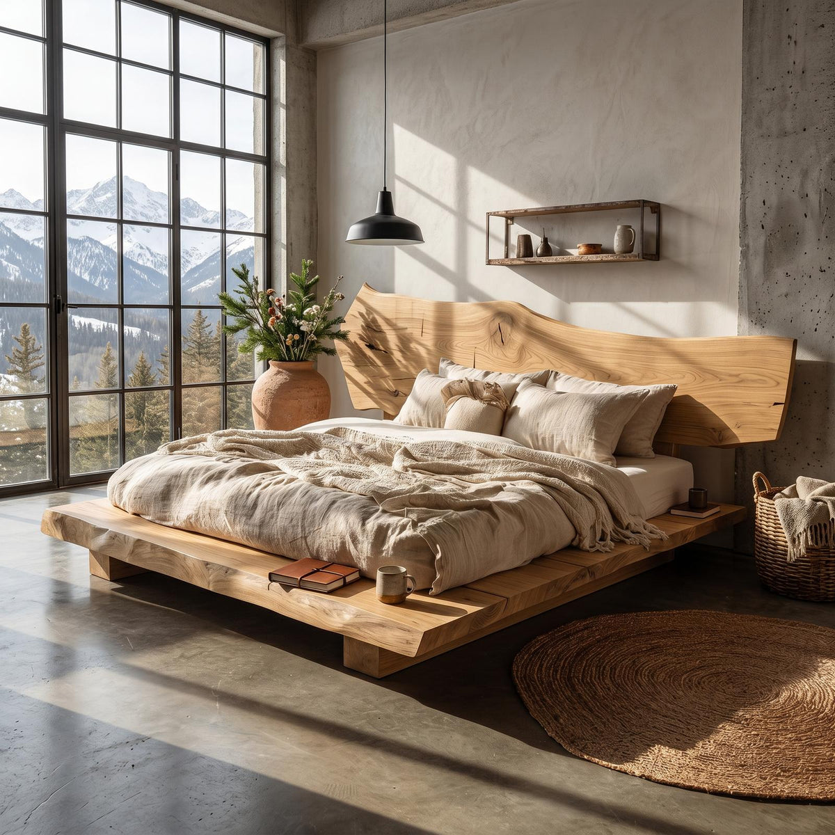 Spry Interior Rustic Bed Frame with Natural Solid Wood Headboard, Handcrafted Low Profile Platform Bed, King Queen Bedroom Furniture, SINLSAWB128