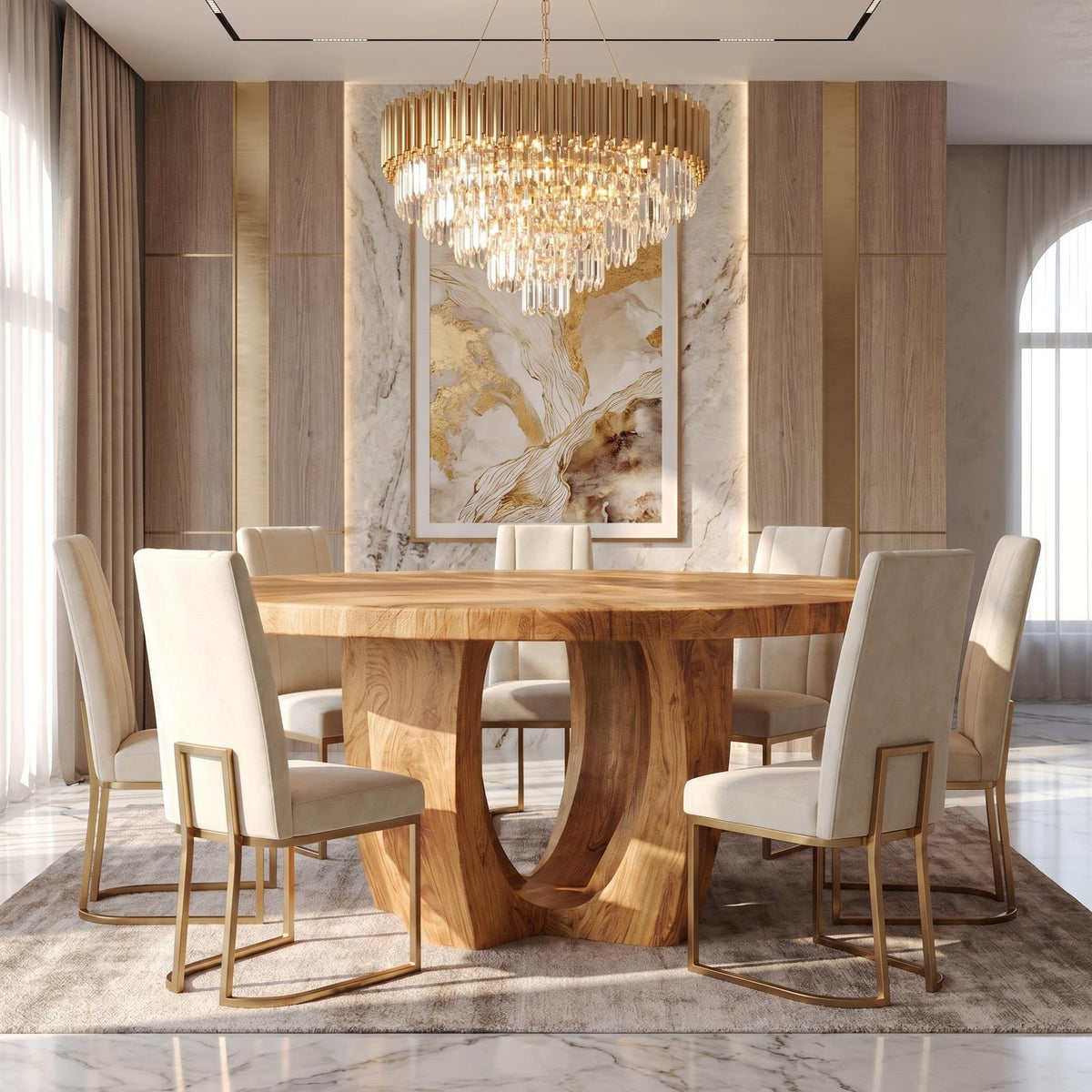 Modern Round Dining Table with Sculptural Wood Base, Handcrafted Solid Wood Kitchen Dining Room Table