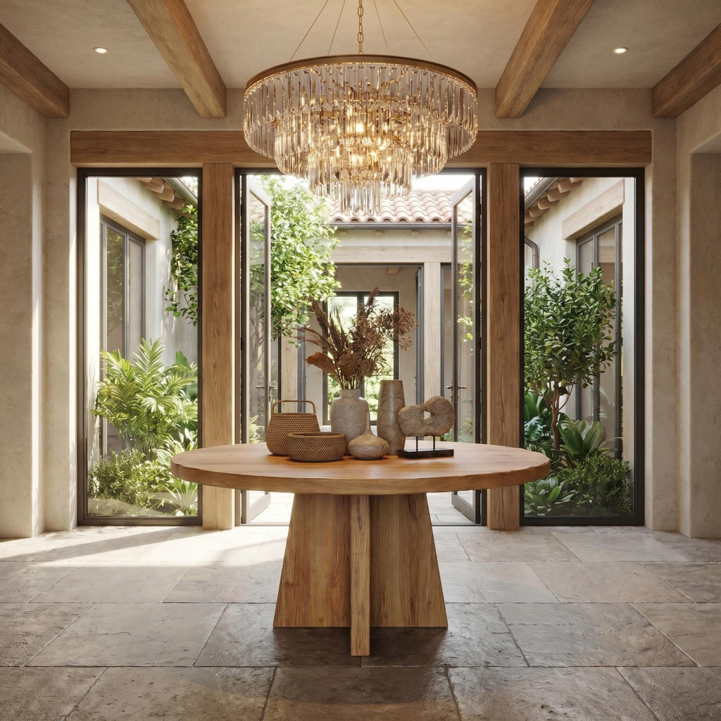 Modern Luxury Round Pedestal Table, Solid Wood Foyer Table, Architectural Entryway Accent Table for Lobby