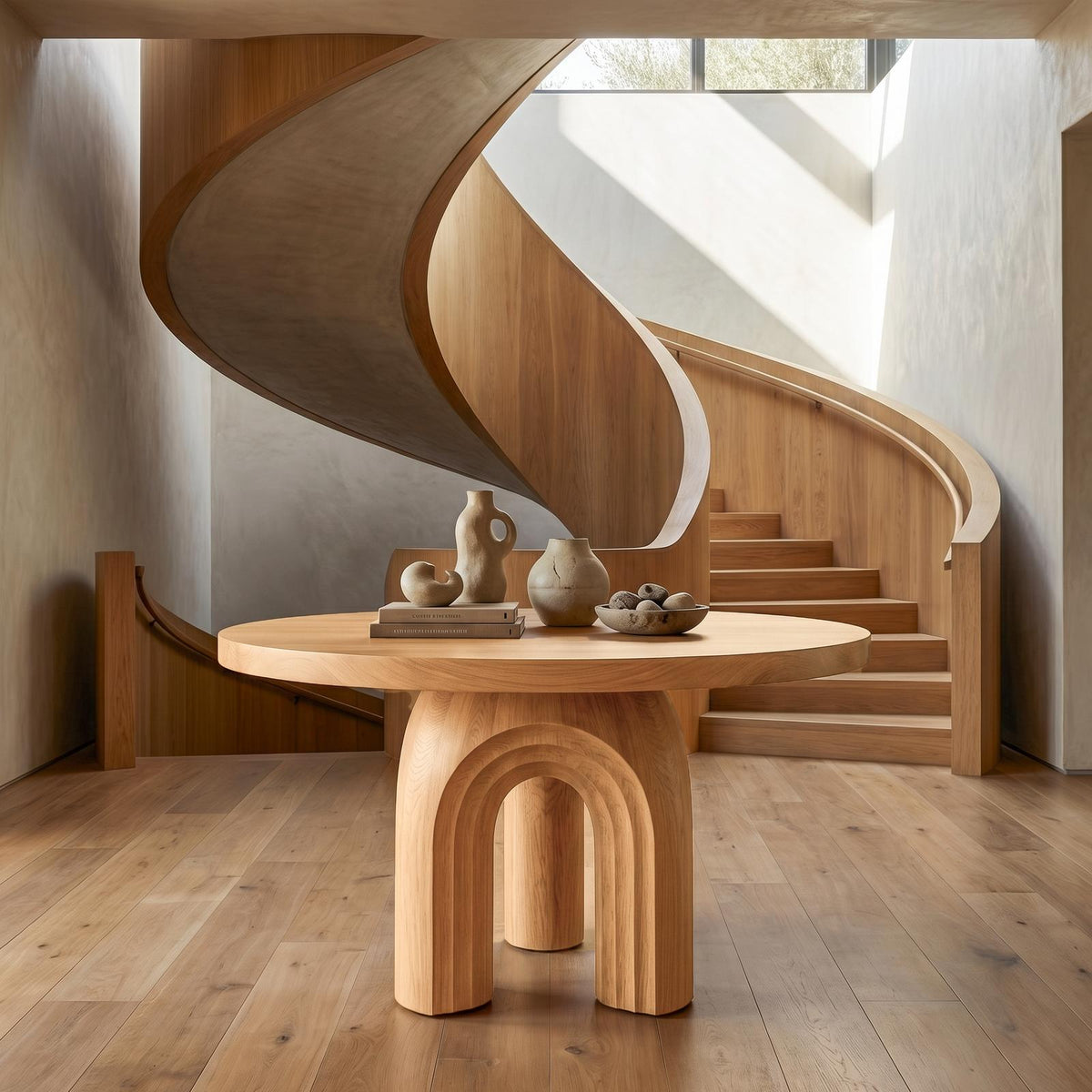 Modern Luxury Sculptural Round Foyer Table, Solid Wood Art Deco Pedestal Entry Table for Lobby, Hallway