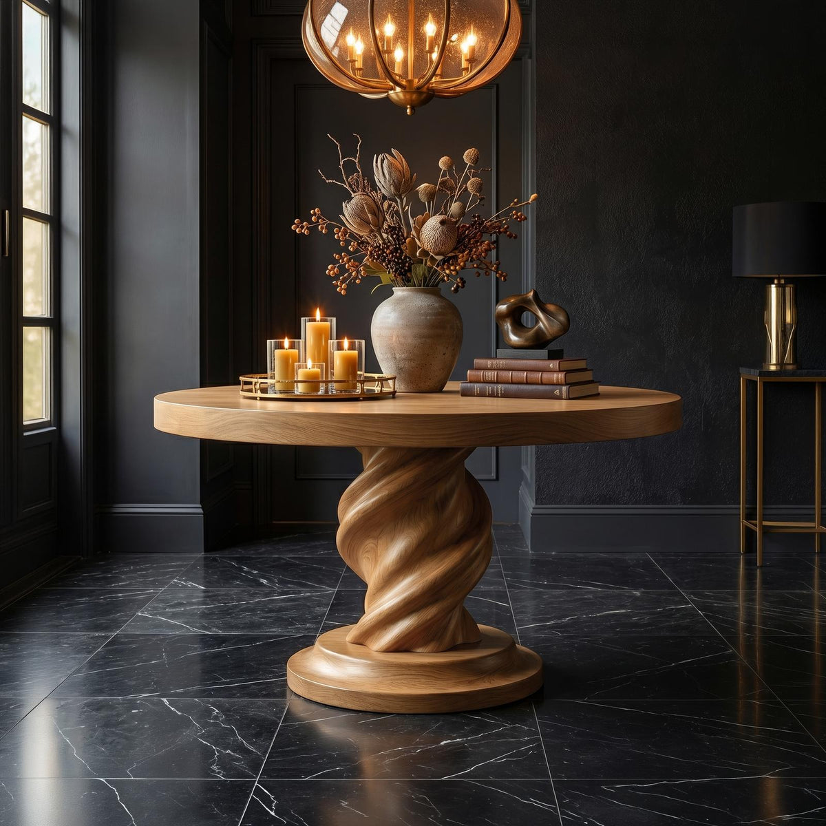 Modern Luxury Spiral Round Foyer Table, Solid Wood Twisted Pedestal Entryway Accent Table for Lobby