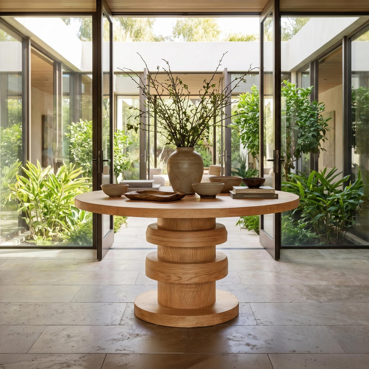 Modern Luxury Architectural Round Foyer Table, Solid Wood Sculptural Pedestal Entry Table for Lobby