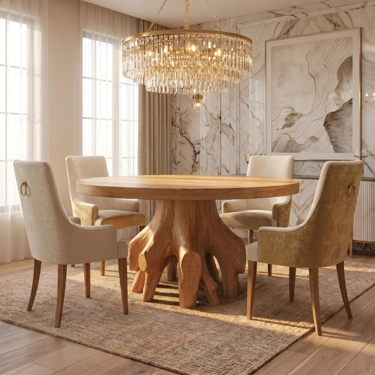 Spry Interior Rustic Tree Root Dining Table, Handcrafted Natural Live Edge Solid Wood Dining Room & Kitchen Table, SINLSADT170