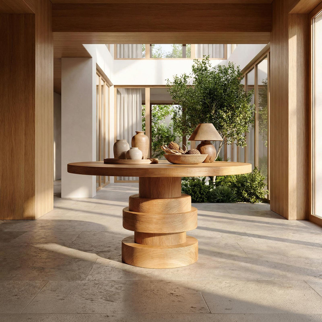 Modern Luxury Stacked Base Round Entryway Table, Solid Wood Architectural Foyer Pedestal Accent Table