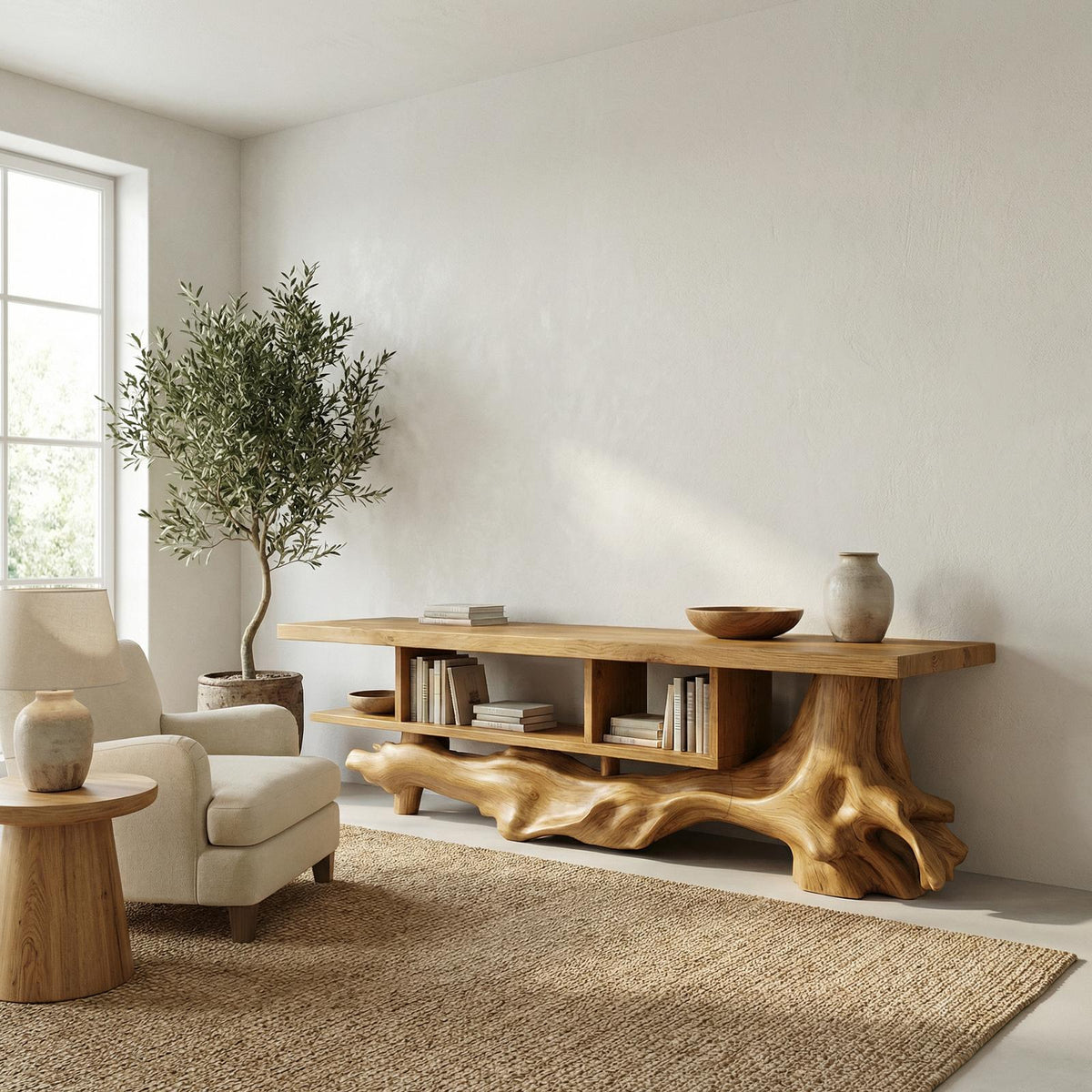 Rustic Solid Wood Display Shelf, Designer Open Bookcase & Multi-Tier Shelving Unit for Living Room, Hallway