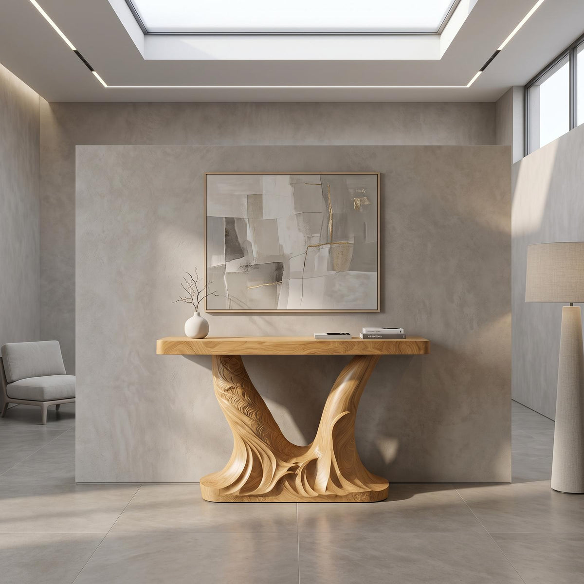 Organic Console Table, Sculptural Double Pedestal Base Solid Wood Entryway Sofa Table for Hallway & Foyer