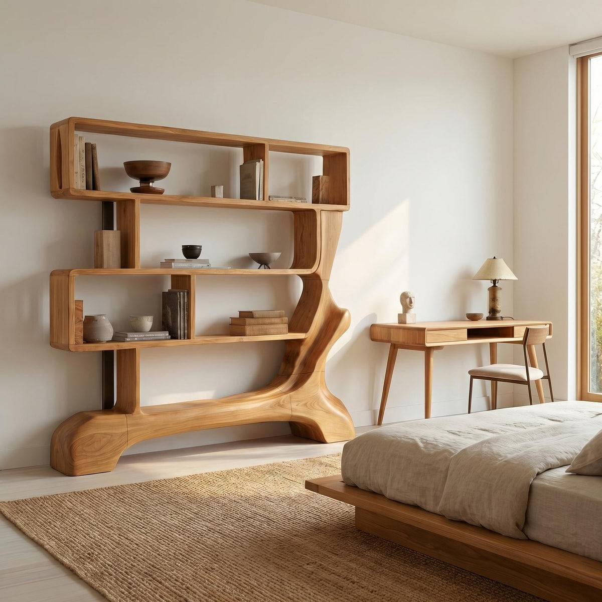 Organic Sculptural Bookshelf, Solid Wood Curved Tree Branch Bookcase, Decorative Display Shelf for Office