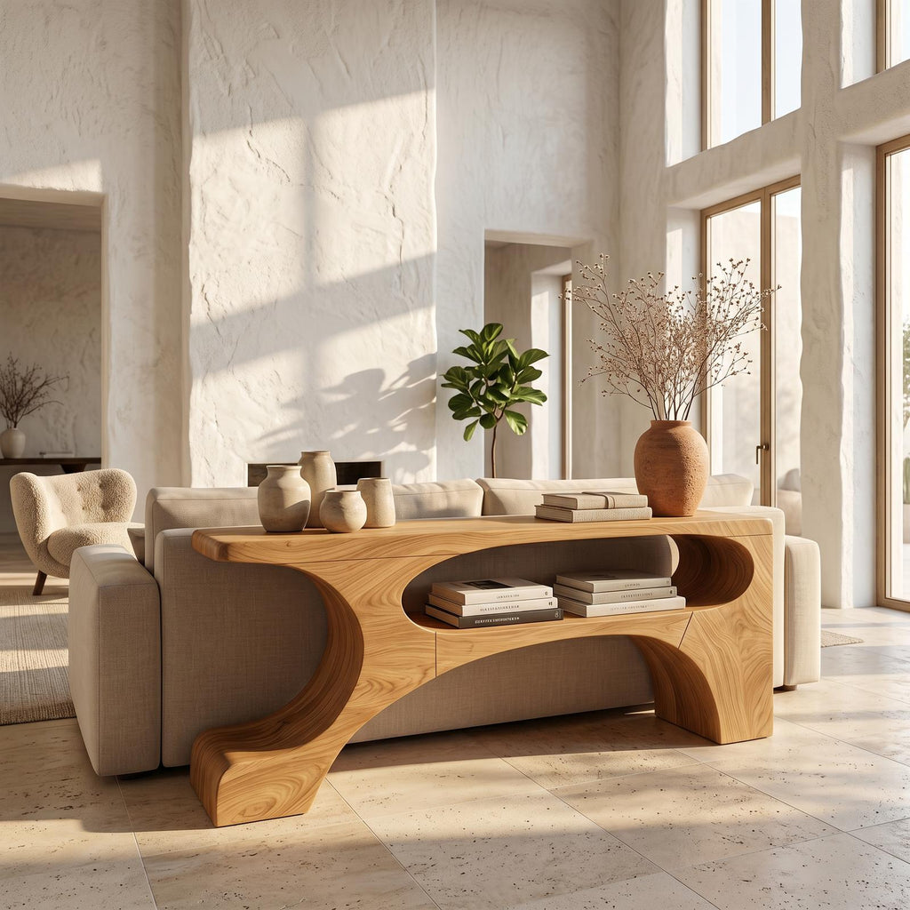 Contemporary Console Table, Organic Pedestal Base Solid Wood Entryway Table, Unique Sofa Table for Foyer