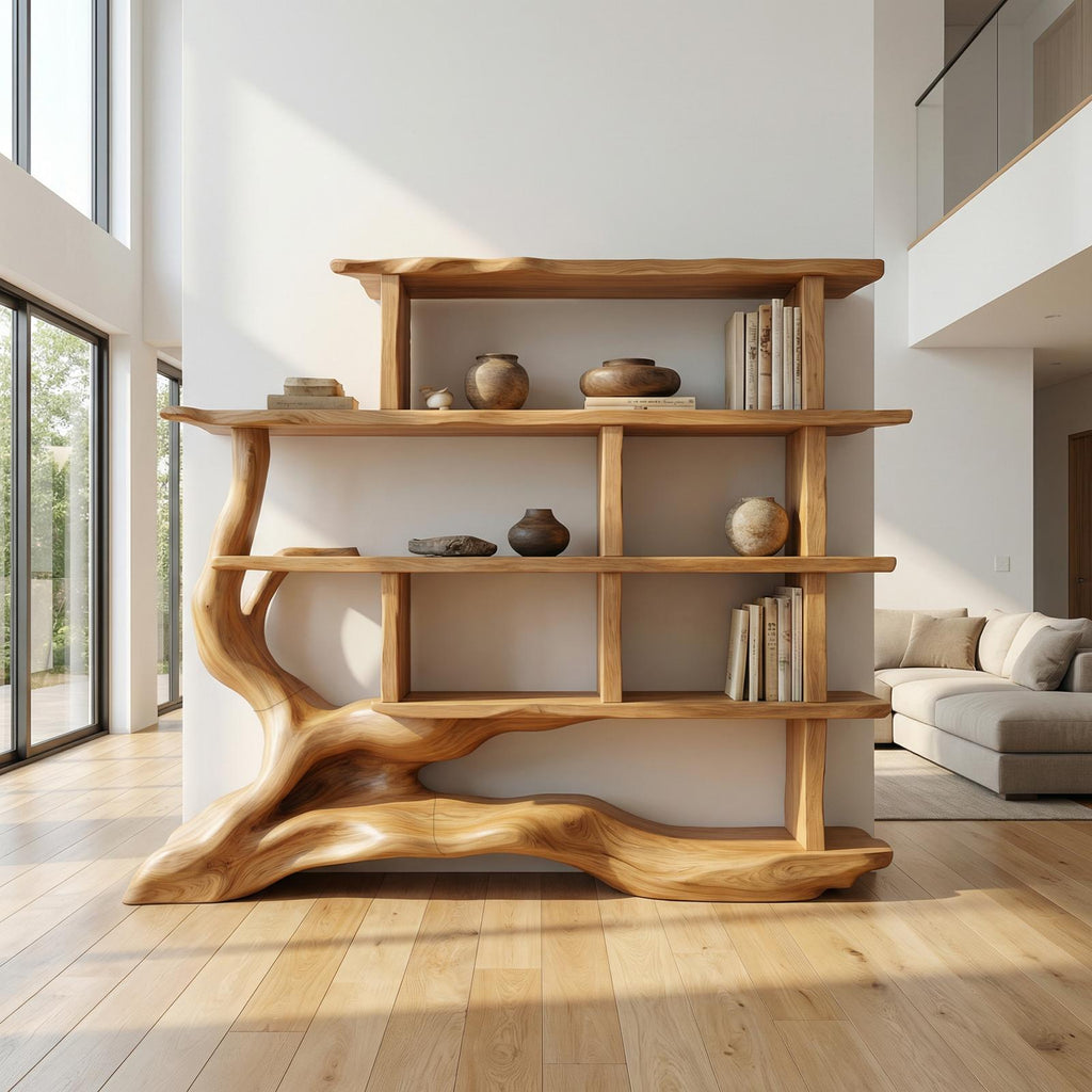 Unique Designer Bookshelf, Solid Wood Sculptural Multi-Tier Bookcase & Display Shelf for Living Room, Office