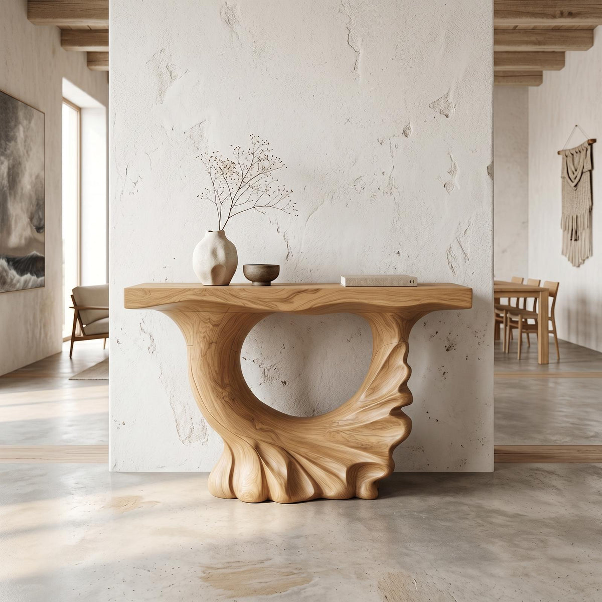 Modern Console Table, Sculptural Ring Form Pedestal Base Solid Wood Entryway Table for Living Room & Foyer