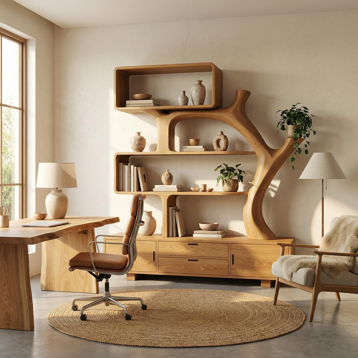 Sculptural Solid Wood Display Shelf with Storage, Modern Bookcase & Bookshelf Unit for Living Room Decor