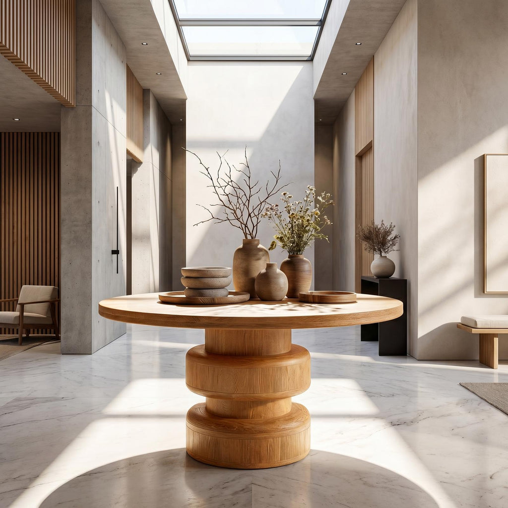 Sculptural Round Entryway Table, Solid Wood Modern Geometric Pedestal Foyer Table, Living Room Accent Stand