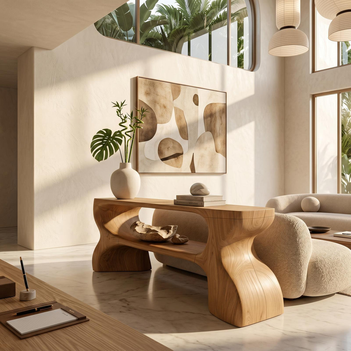Contemporary Console Table, Architectural Curved Design Wood Entryway Table, Minimalist Sofa Table for Foyer