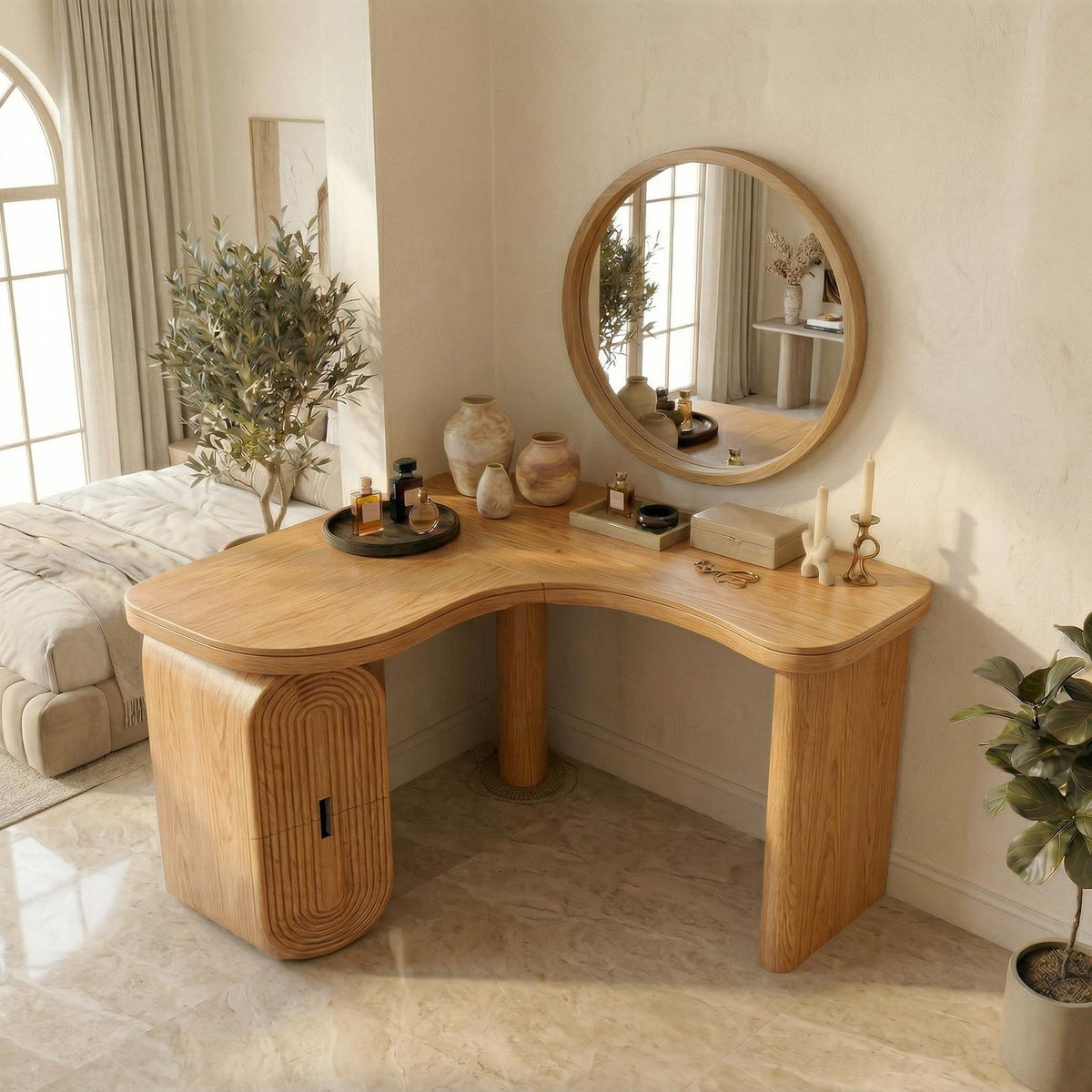 Spry Interior Organic Corner Dressing Table with Storage, Solid Wood Makeup Vanity Desk, Space-Saving Bedroom Vanity, SINLSABDT066