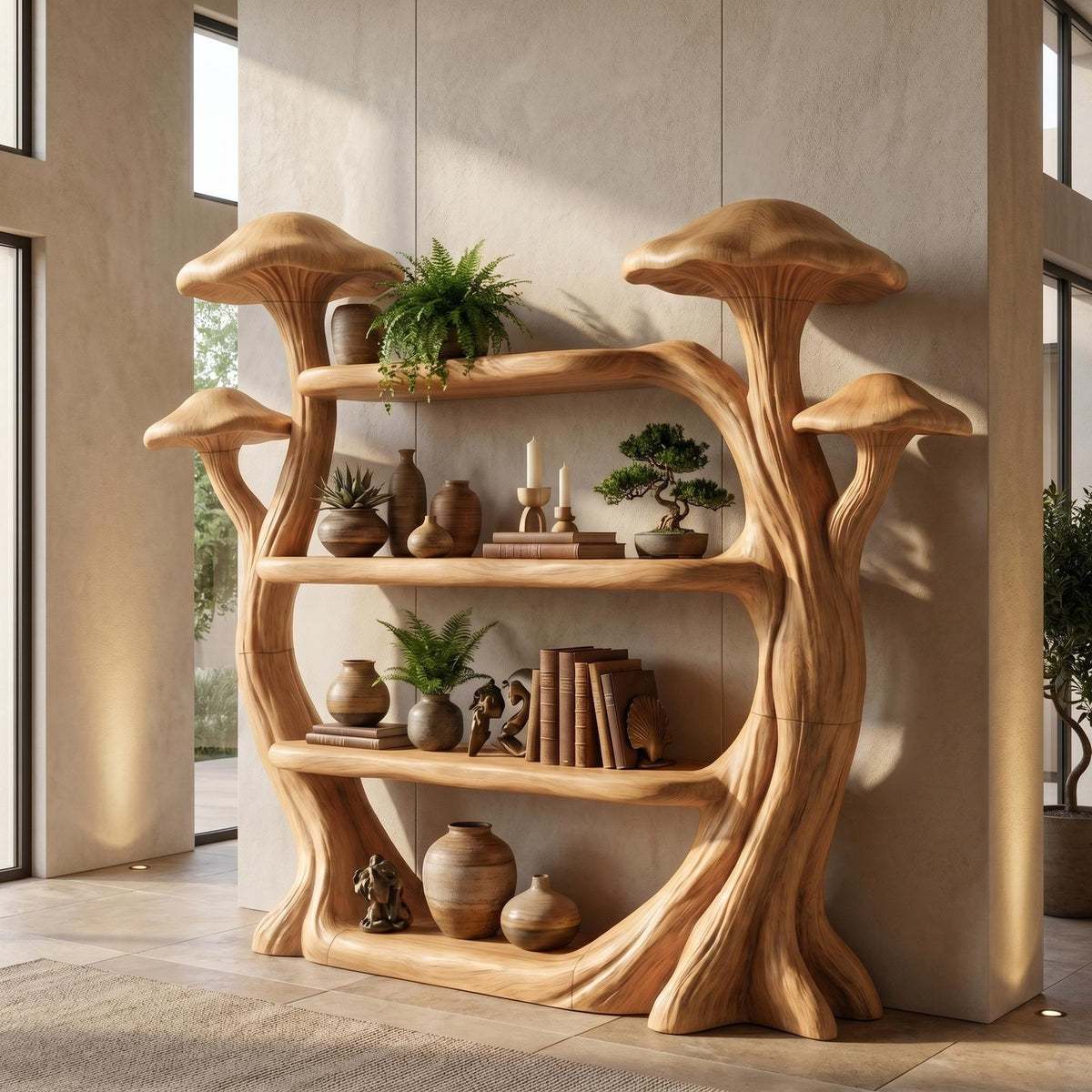 Natural Wood Mushroom Bookcase For Living Room And Reading Room