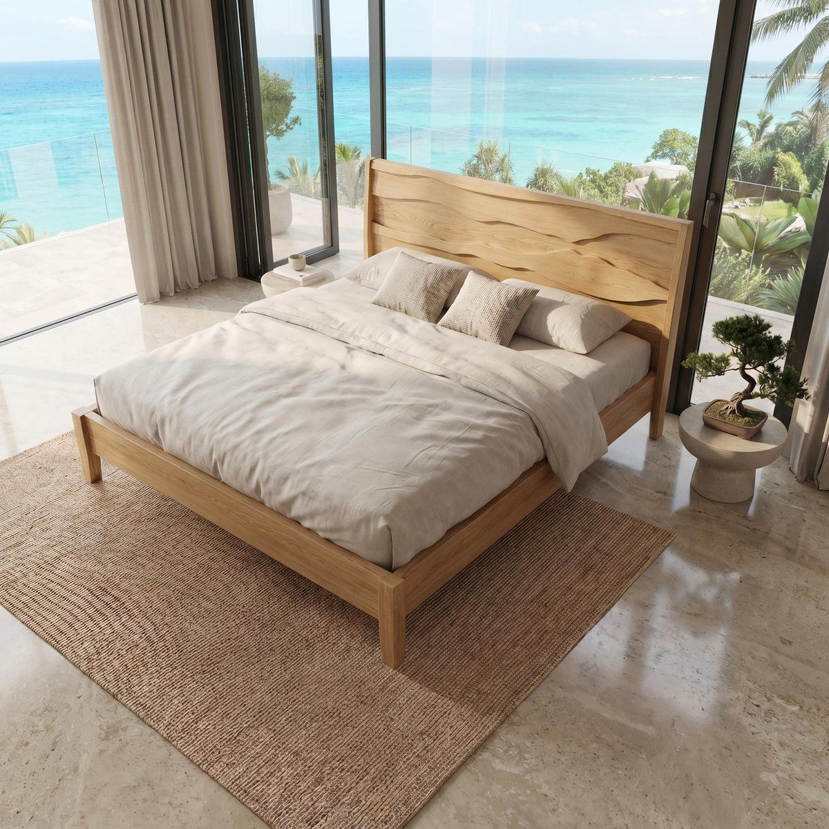 Rustic Natural Wood Bed Frame, Solid Wood Live Edge Platform Bed, Handcrafted Mid-Century Bedroom Furniture