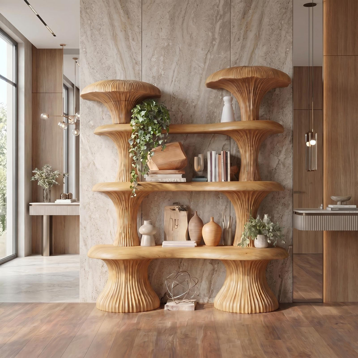 Sculptural Mushroom Wooden Bookcase, Unique Modern Abstract Shelving Unit for Living Room, Bedroom & Reading Nook