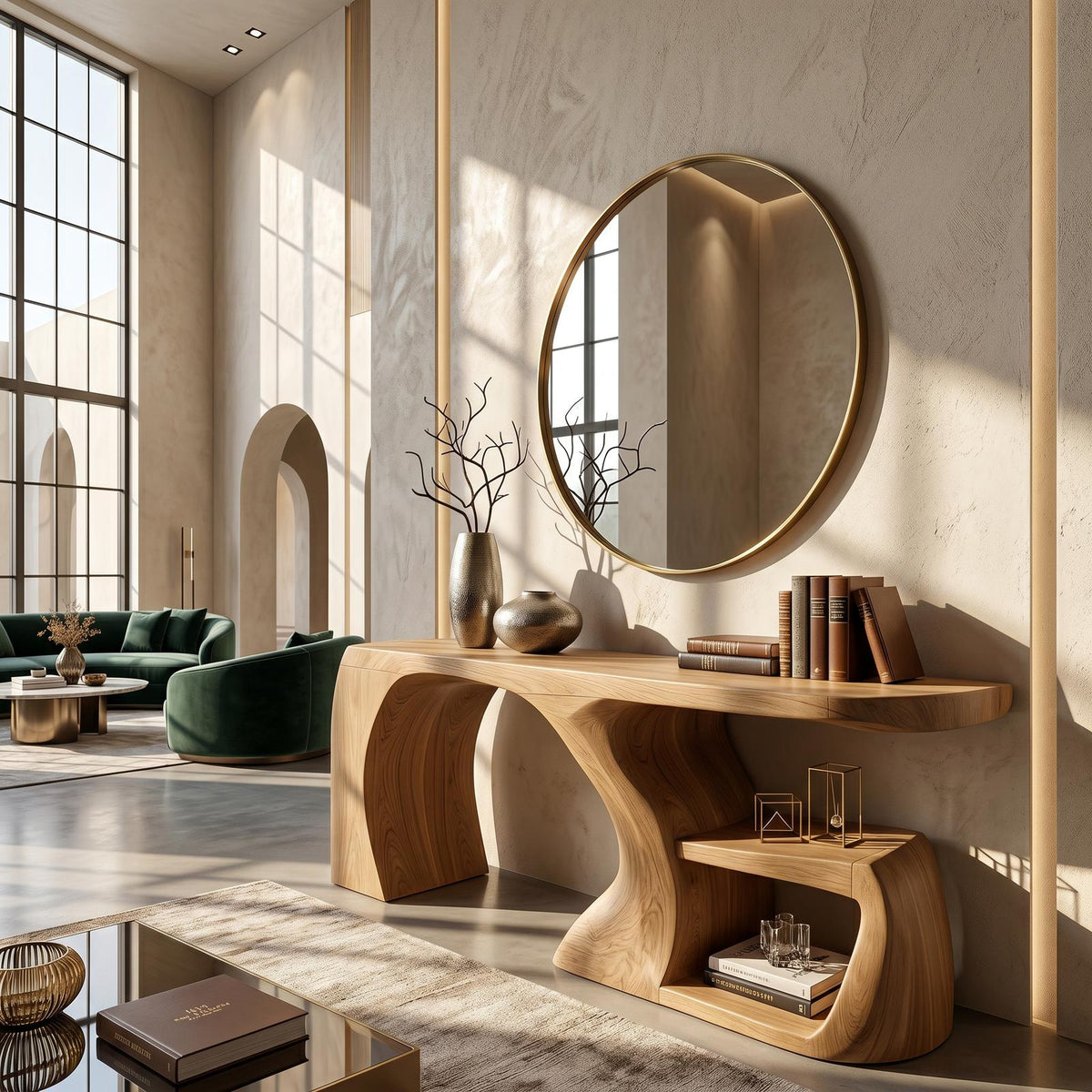 Modern Console Table, Architectural Curved Wood Entryway Table, Minimalist Sofa Table for Hallway & Foyer
