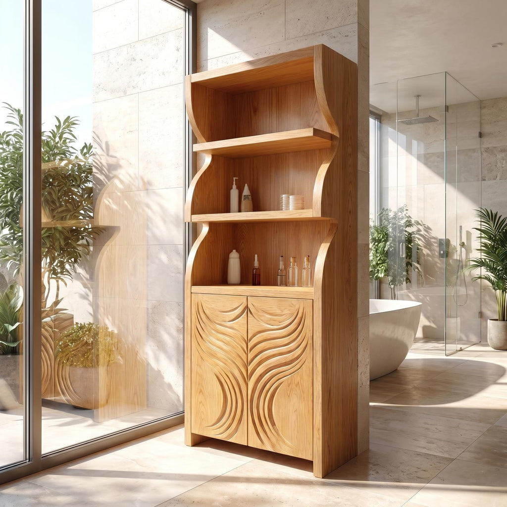 Rustic Organic Bathroom Cabinet, Hand Carved Wooden Doors & Open Shelves Storage Floor Cabinet