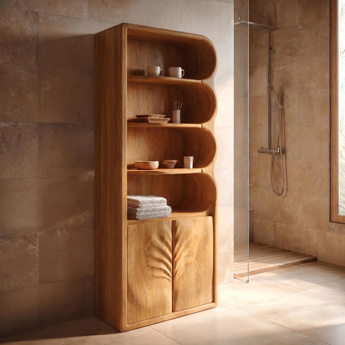 Modern Organic Bathroom Cabinet, Curved Shelves & Carved Wooden Doors Standing Storage Unit