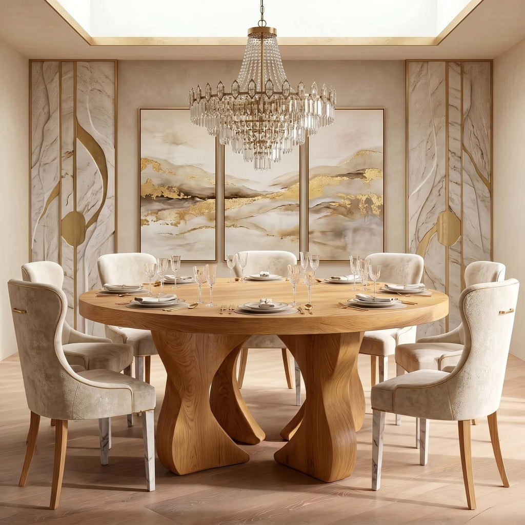 Modern Organic Round Dining Table, Handcrafted Solid Wood Pedestal Kitchen Table for Dining Room