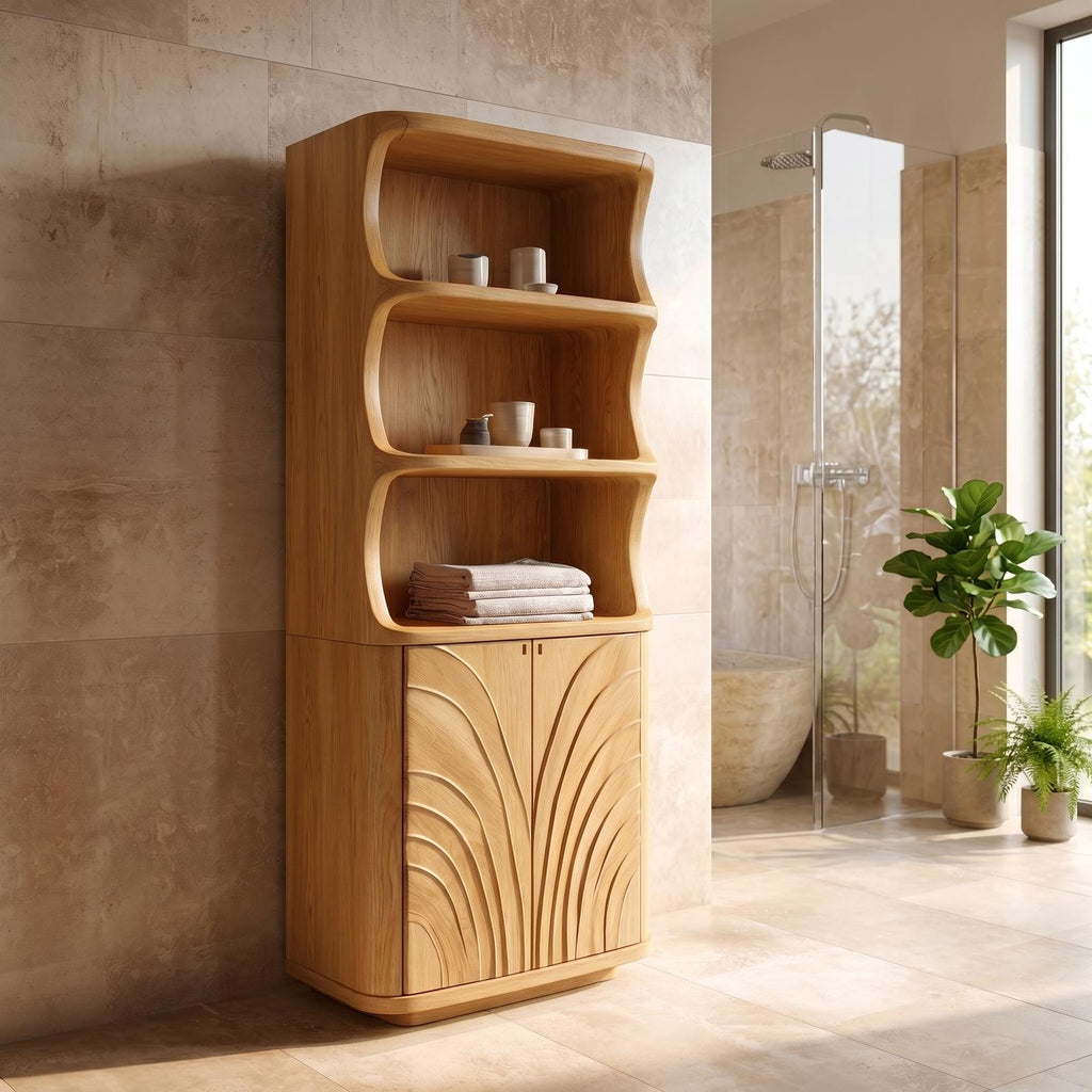 Organic Wood Bathroom Cabinet, Curved Open Shelves & Hand Carved Doors Storage Floor Cabinet