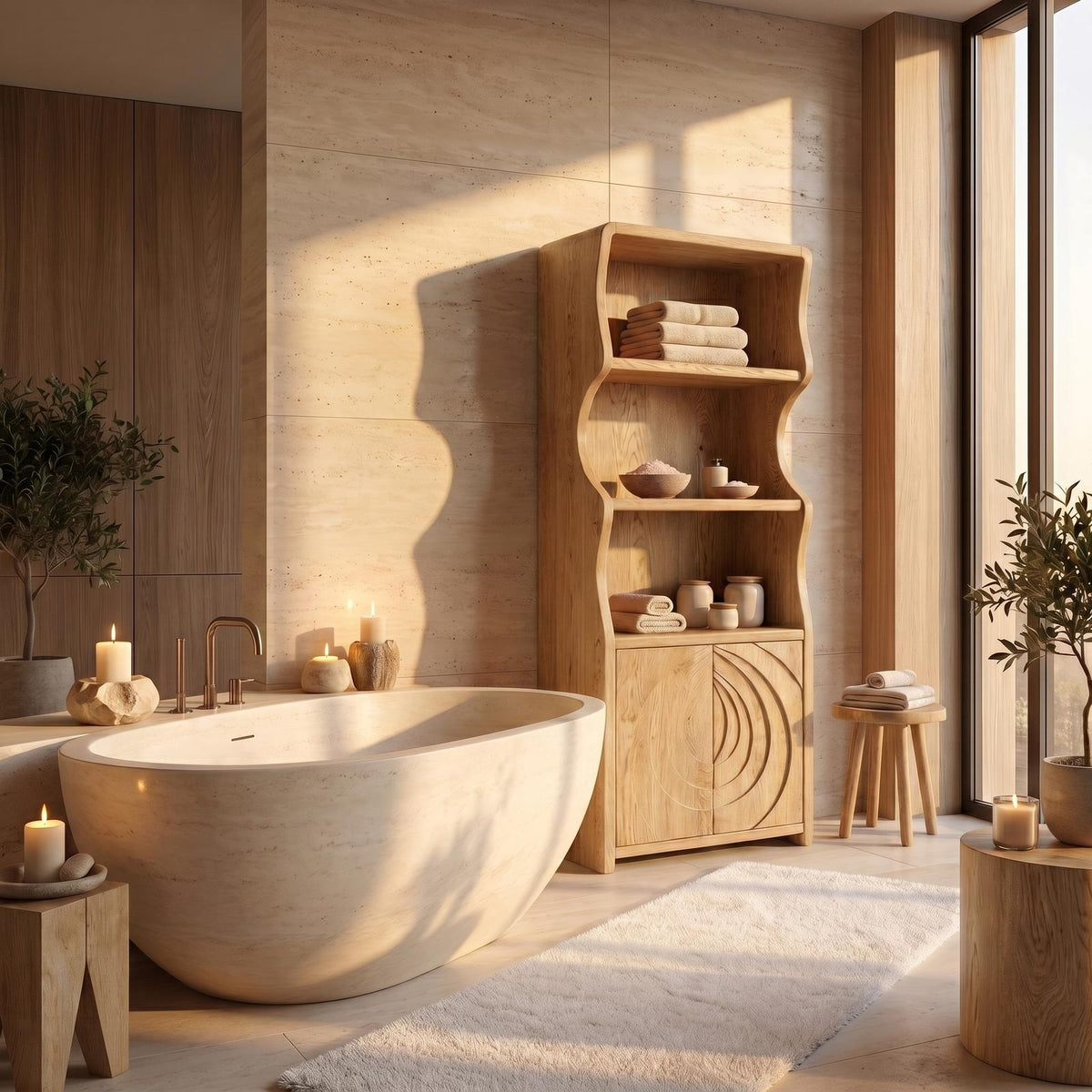 Contemporary Minimalist Bathroom Cabinet, Curved Shelves & Wooden Door Standing Storage Unit