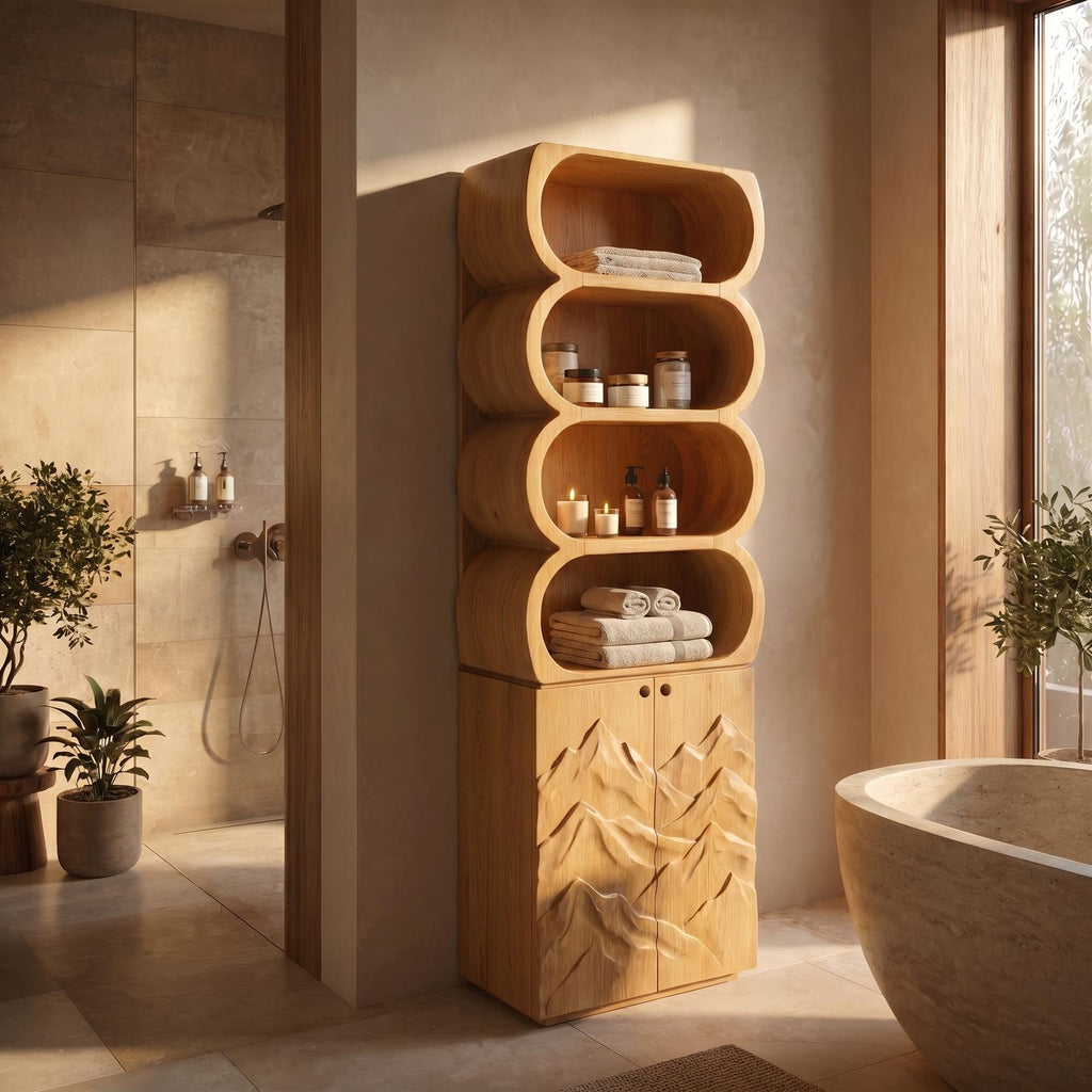 Minimalist Wood Bathroom Cabinet, Rounded Shelves & Sculptural Carved Door Storage Cabinet
