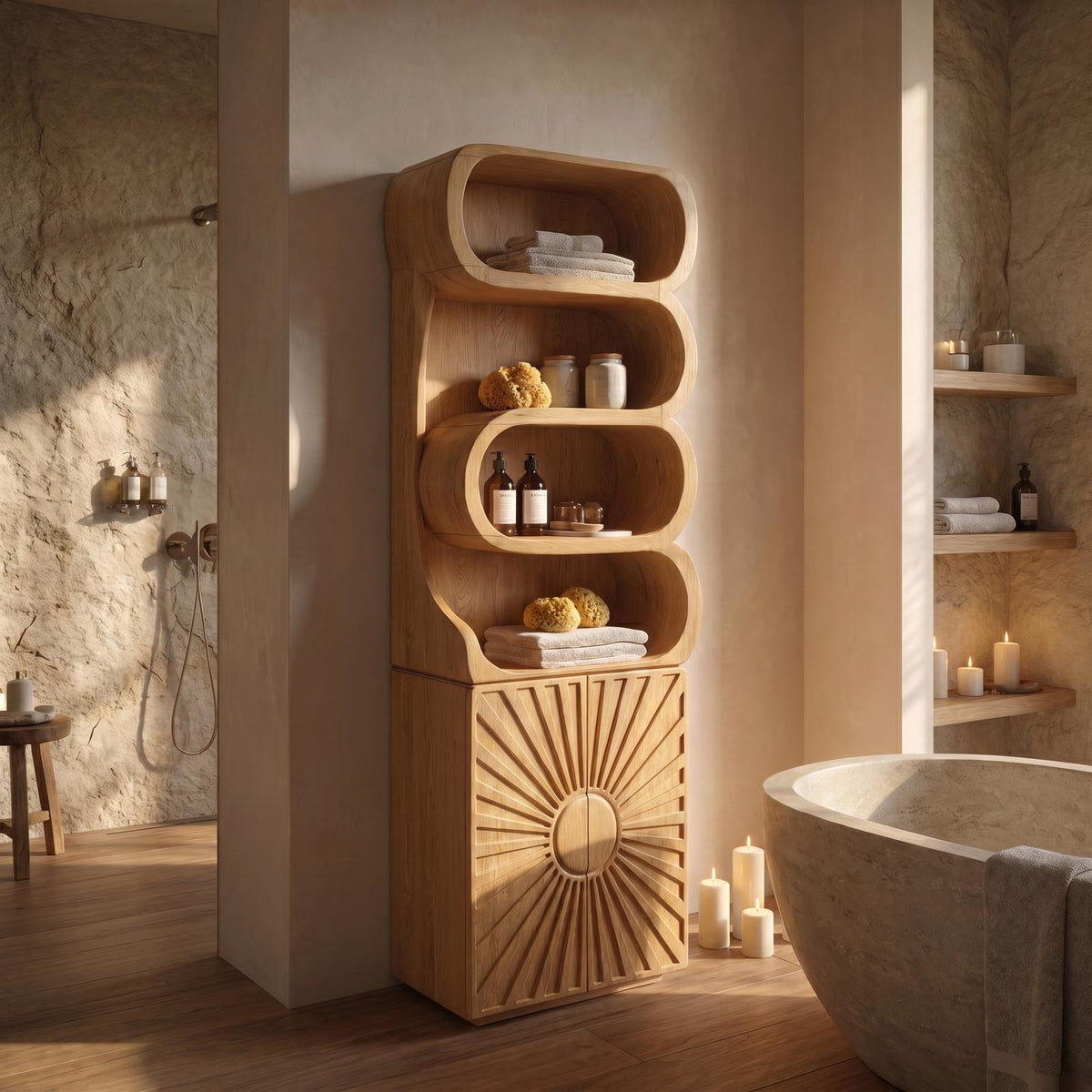 Organic Wood Bathroom Cabinet, Open Shelving & Sculptured Hand Carved Door Storage Cabinet