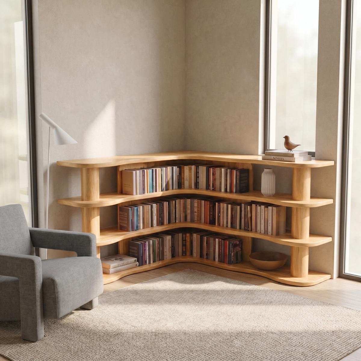 Scandinavian Corner Bookshelf, Rounded Multi-Tier Solid Wood Open Display Shelves for Bedroom