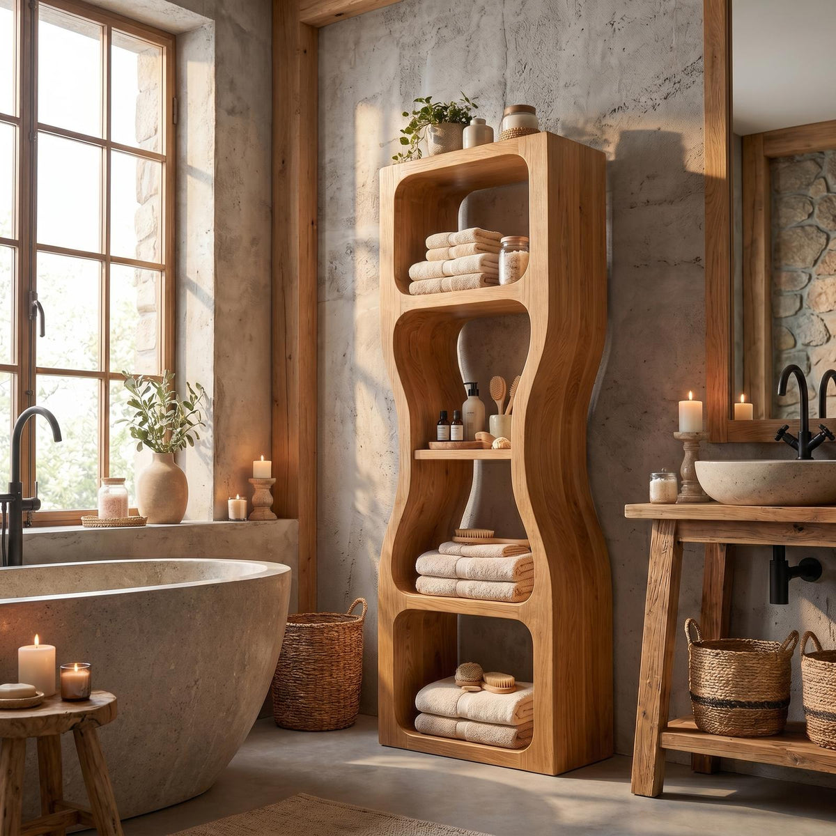 Rustic Modern Bathroom Cabinet, Sculptural Wave Design Wood Storage Cabinet with Open Shelves