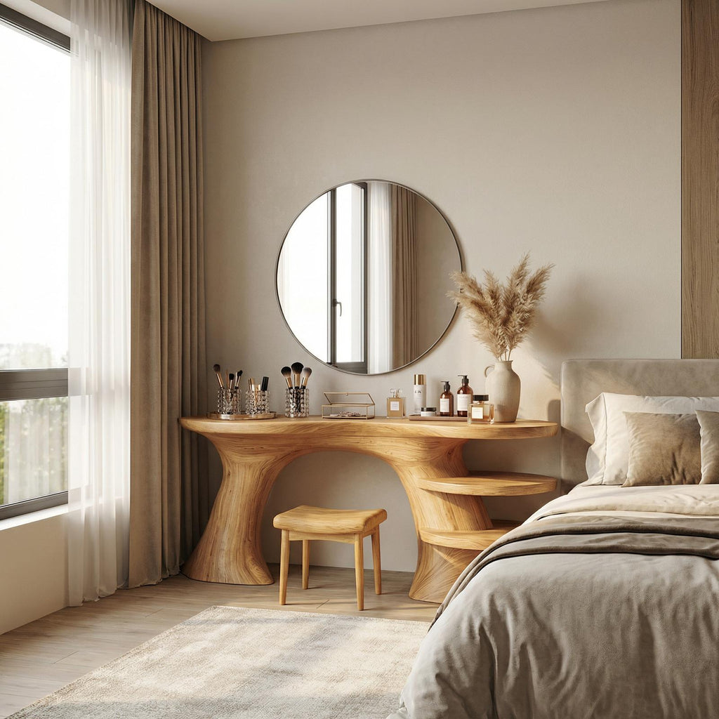 Spry Interior Sculptural Organic Dressing Table with Shelves, Solid Wood Makeup Vanity Desk, Bedroom Storage Unit, SINLSABDT068