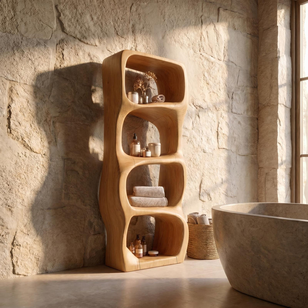 Modern Organic Bathroom Cabinet, Rounded Sculptural Shelves & Open Storage Standing Wood Cabinet