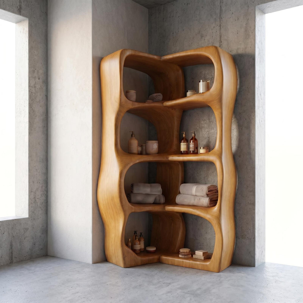 Sculptural Wood Bathroom Cabinet, Freeform Curved Shelves Standing Storage Organizer Cabinet