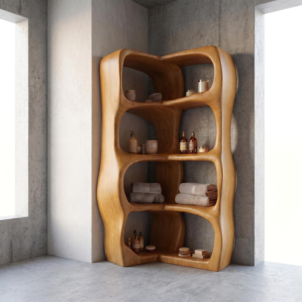 Sculptural Wood Bathroom Cabinet, Freeform Curved Shelves Standing Storage Organizer Cabinet