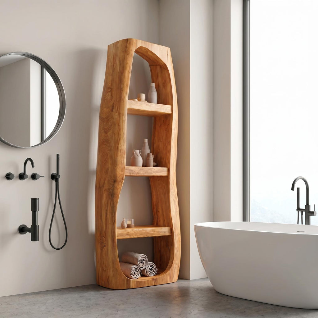 Minimalist Wood Bathroom Cabinet, Curved Arched Floor Storage Cabinet with Shelves & Door