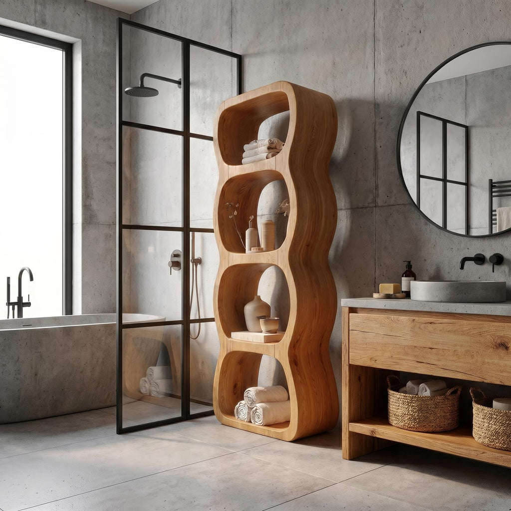 Rustic Bathroom Cabinet With Curved Wave Shape Design