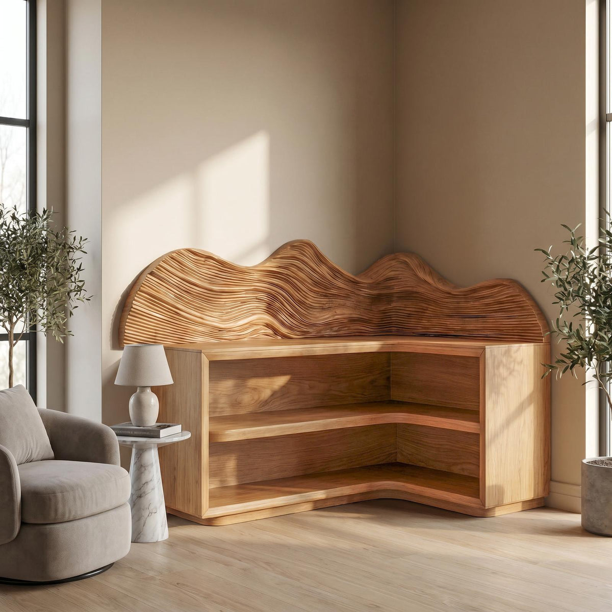 Contemporary Corner Bookcase, Sculptural Solid Wood Floating Shelves, Wall Display for Living Room