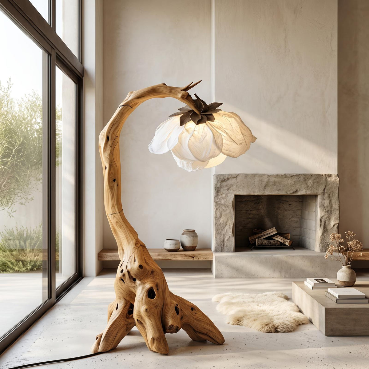 Organic Floor Lamp, Sculptural Tree Branch Wood Standing Lamp for Bedroom, Study & Reading Nook