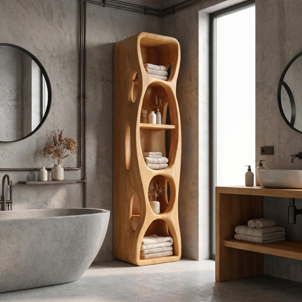 Sculptural Wood Bathroom Cabinet, Hollow Cut Out Design Vanity Storage Unit with Open Shelving