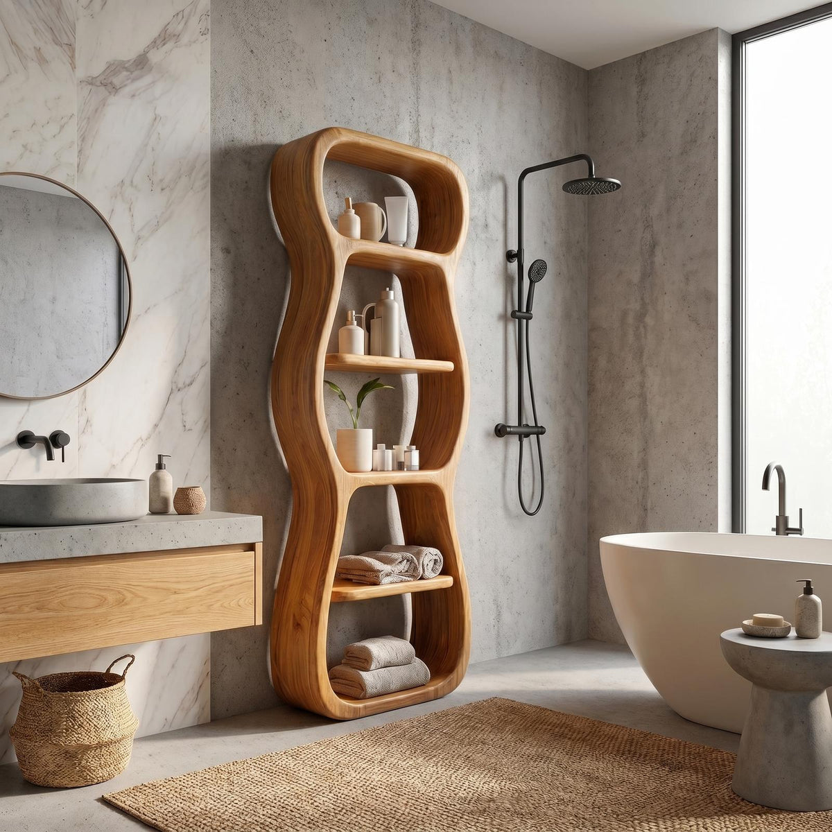 Contemporary Bathroom Storage Cabinet, Sculptural Wood Shape Floor Standing Cabinet with Shelves