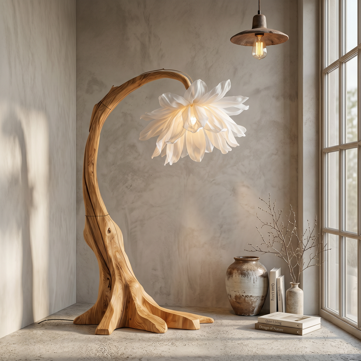 Contemporary Floor Lamp, Sculptural Floral Design Handcrafted Wooden Standing Tall Light for Living Room
