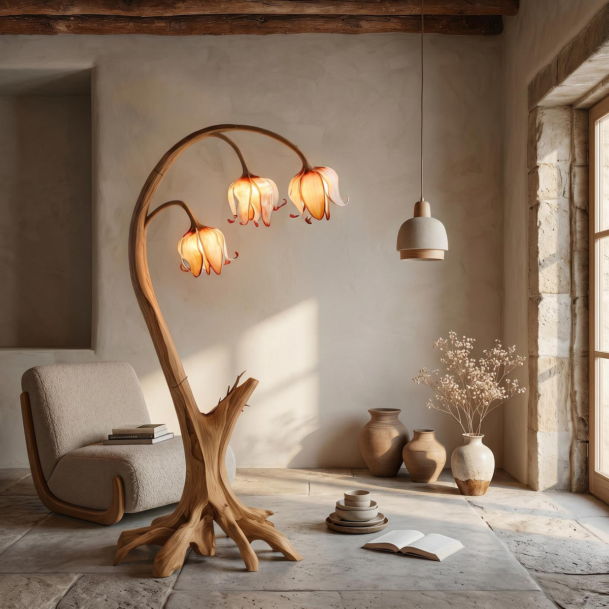 Rustic Floor Lamp, Handcrafted Blooming Bell Flower Wood Standing Lamp for Living Room & Bedroom