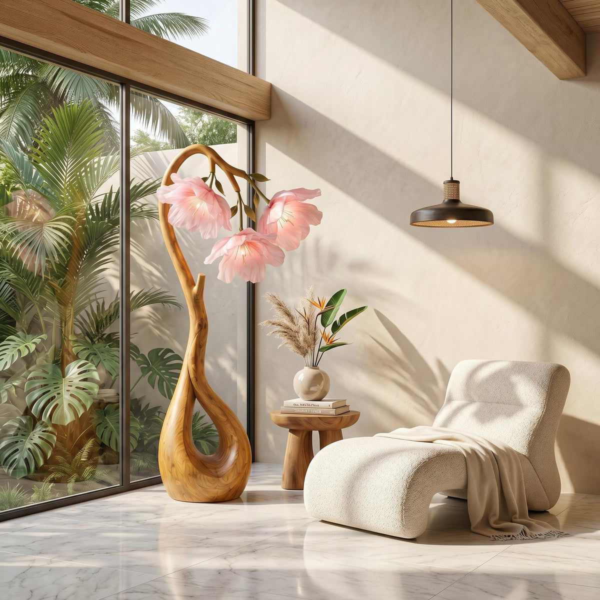 Modern Floor Lamp with Nature-Inspired Silhouette, Handcrafted Wooden Standing Light for Living Room