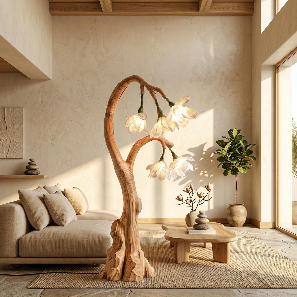 Artistic Floral Floor Lamp with Natural Wood Base, Aesthetic Standing Flower Light for Living Room, Model