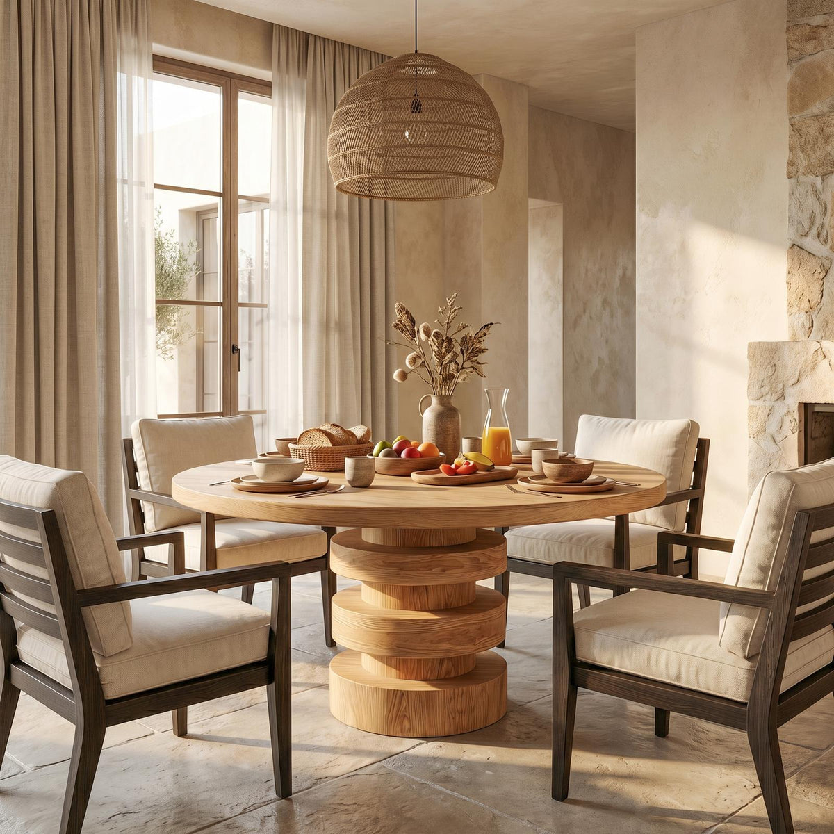 Minimalist Round Dining Table, Sculptural Solid Wood Base Kitchen Table for Modern Dining Room
