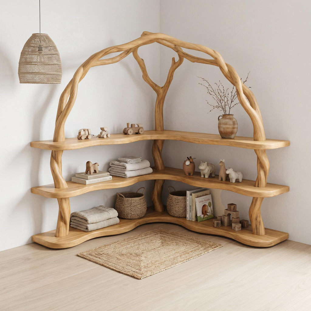 Organic Corner Bookcase with Natural Tree Branch Frame, Solid Wood Bookshelf for Living Room & Bedroom