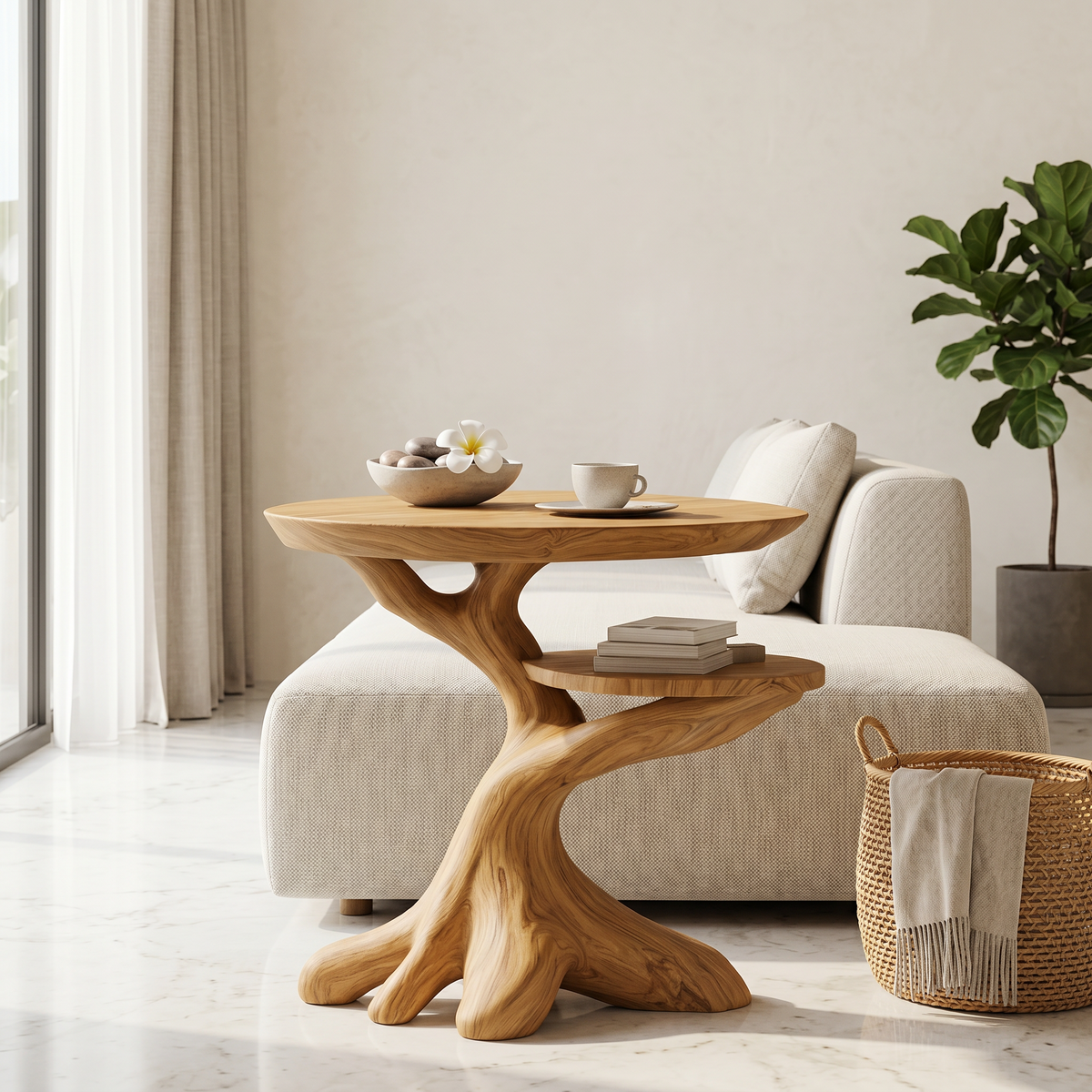 Spry Interior Modern Side Table with Organic Tree Root Silhouette, Handcrafted Solid Wood Bedside Nightstand & End Table, SINLSABT268