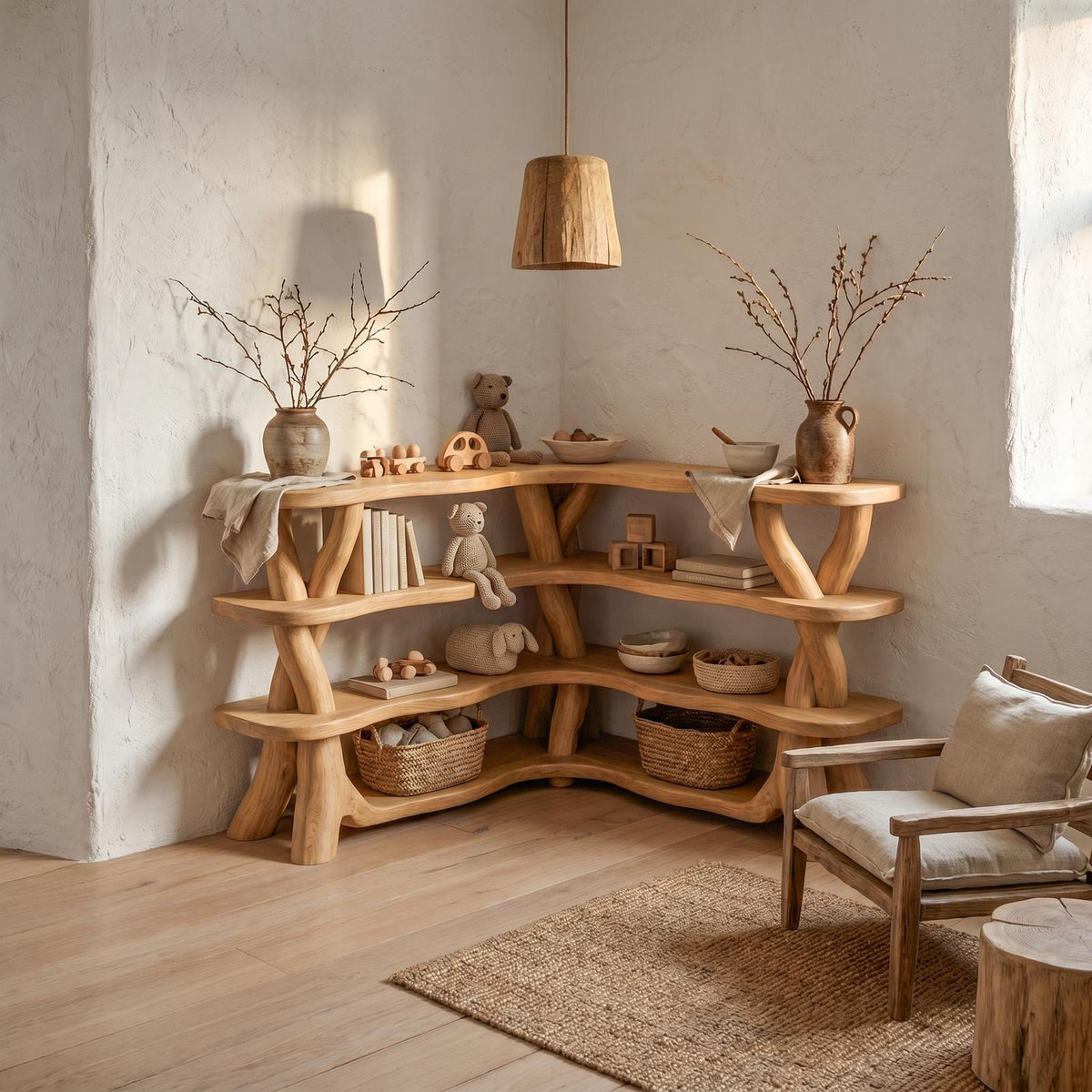 Spry Interior Rustic Organic Corner Bookshelf, Unique Tree Branch Wooden Bookcase for Living Room and Bedroom, SINLSABS017